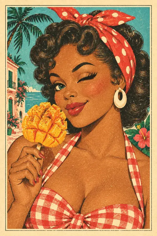 Pin-up with a chili-lime mango flower on a stick, winking