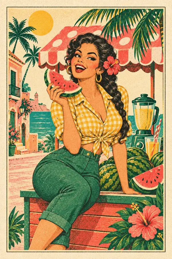 Pin-up laughing with a big watermelon wedge