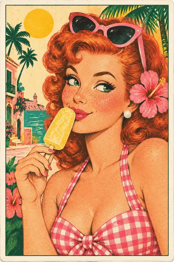 Pin-up with cat-eye sunglasses holding a pineapple ice pop