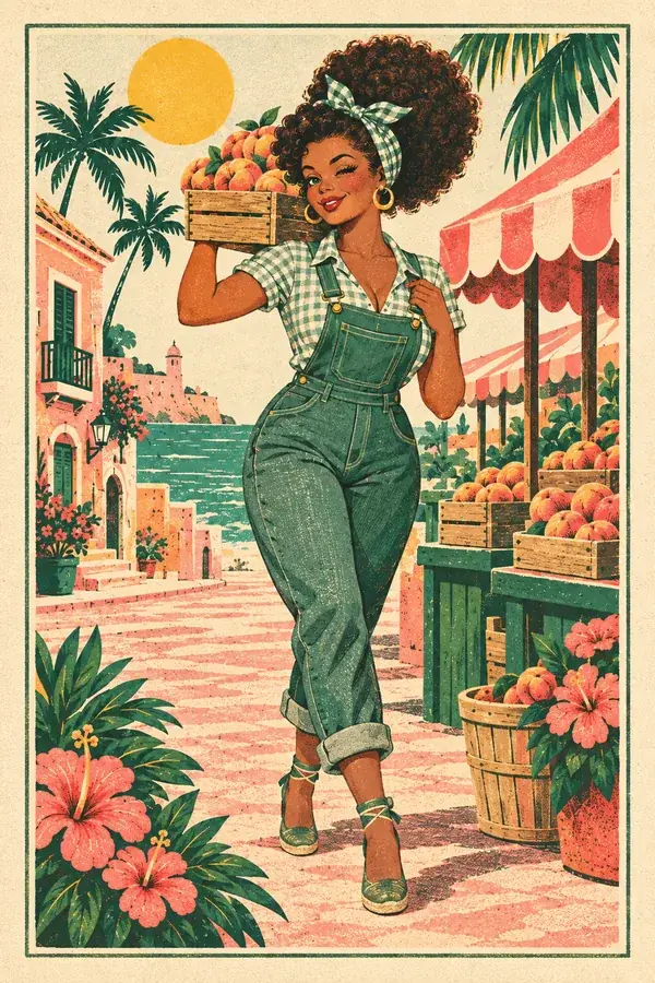 Pin-up in overalls carrying a crate of peaches, winking