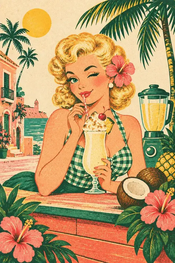 Pin-up girl winking over a piña colada with torched fluff
