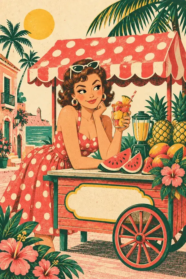 Pin-up girl leaning on the cart with a signature fruit cup