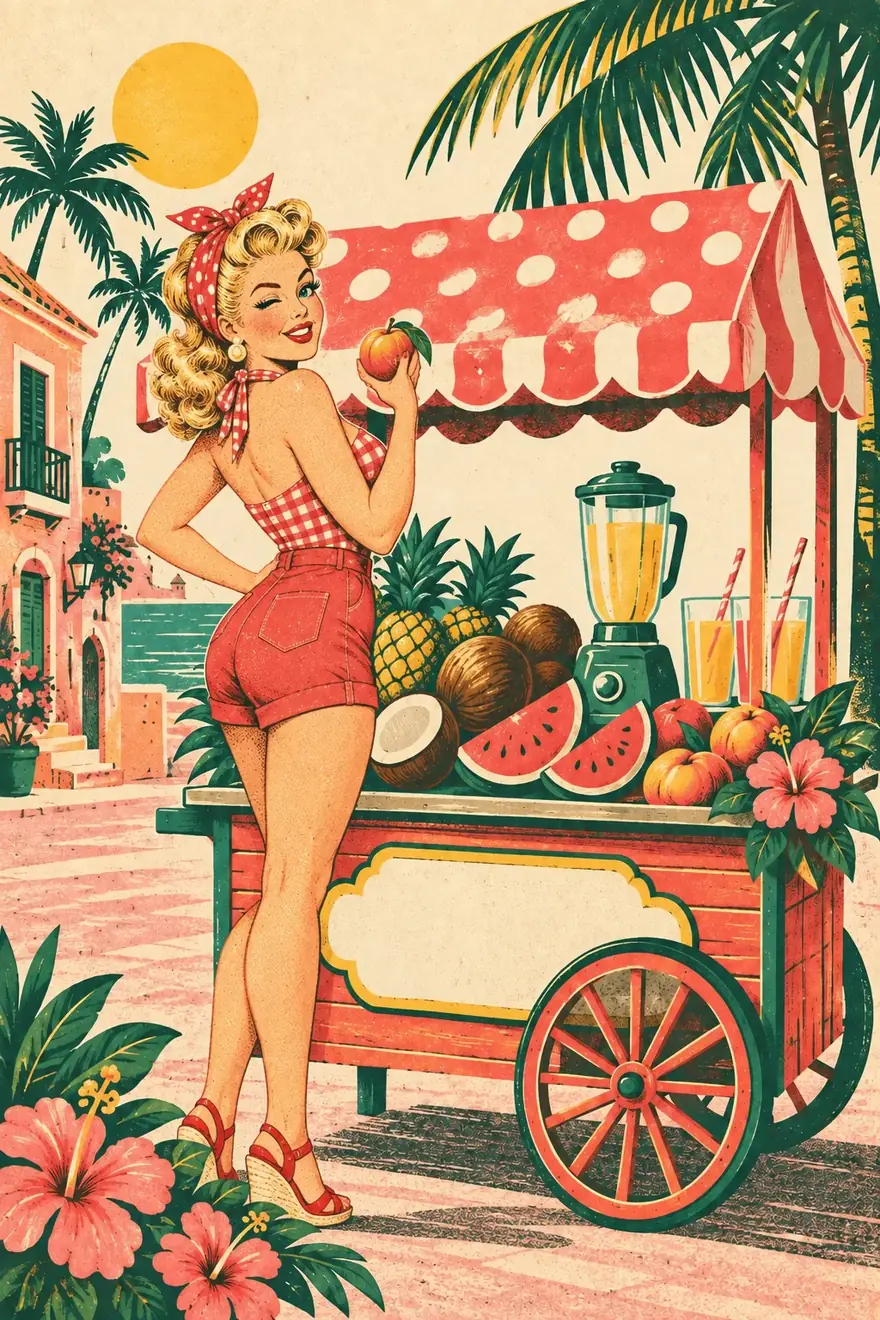 Retro screenprint of a pin-up girl winking beside the Peaches fruit cart, holding up a peach